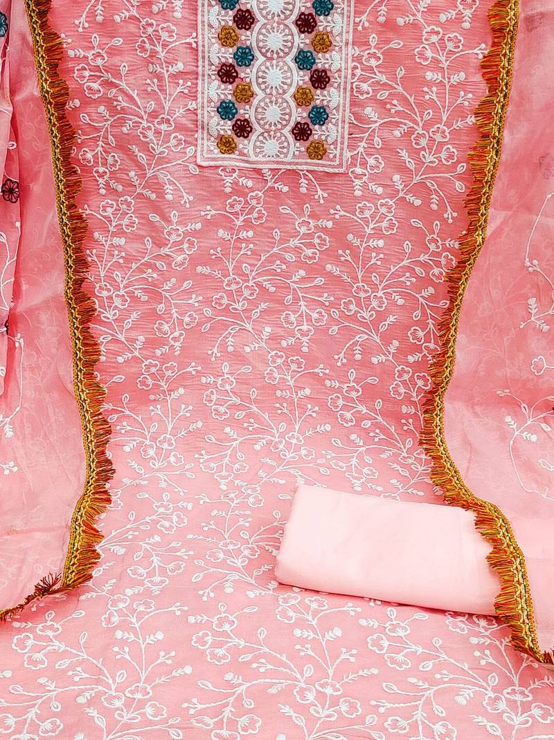 floral embroidered chanderi unstitched dress material