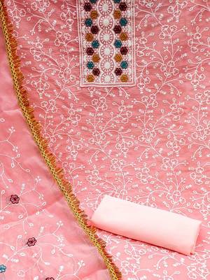 floral embroidered chanderi unstitched dress material 5
