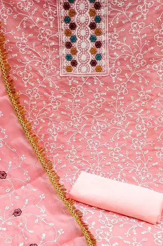 floral embroidered chanderi unstitched dress material