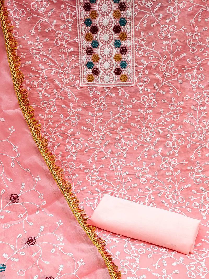 floral embroidered chanderi unstitched dress material