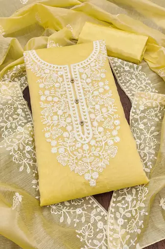 floral embroidered thread work chanderi cotton unstitched dress material