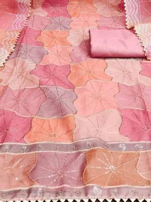 pink organza position print with sequence work unstitched dress material 1