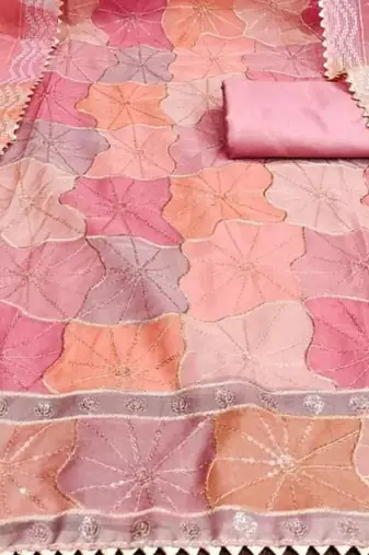 pink organza position print with sequence work unstitched dress material