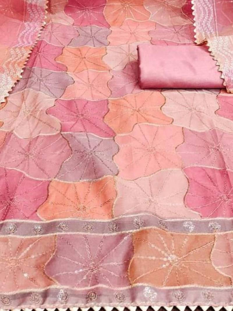 pink organza position print with sequence work unstitched dress material