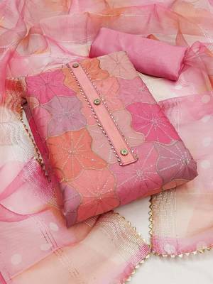 pink organza position print with sequence work unstitched dress material 2