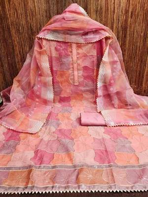 pink organza position print with sequence work unstitched dress material 4
