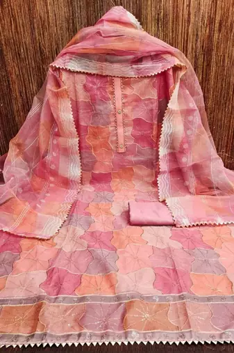 pink organza position print with sequence work unstitched dress material