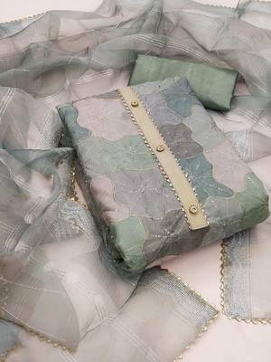 green organza position print with sequence work unstitched dress material 1