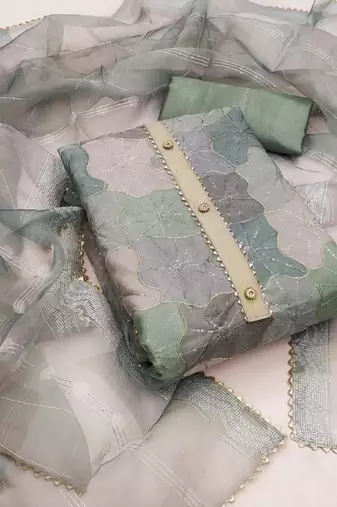 green organza position print with sequence work unstitched dress material