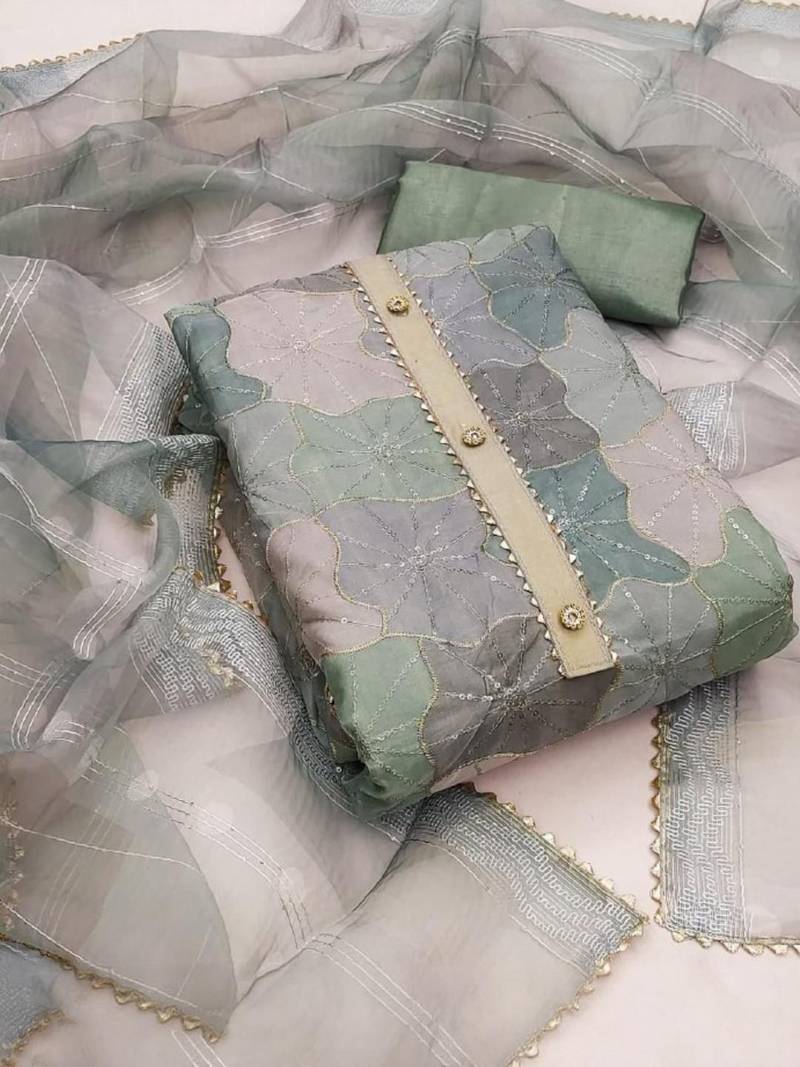 green organza position print with sequence work unstitched dress material