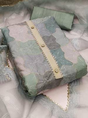 green organza position print with sequence work unstitched dress material 2