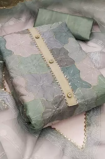 green organza position print with sequence work unstitched dress material