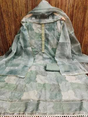 green organza position print with sequence work unstitched dress material 3