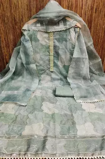 green organza position print with sequence work unstitched dress material