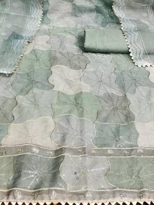 green organza position print with sequence work unstitched dress material 4
