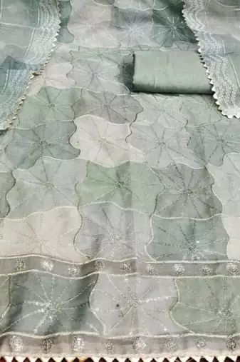 green organza position print with sequence work unstitched dress material