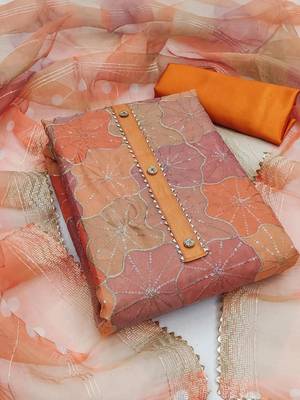 orange organza position print with sequence work unstitched dress material 1