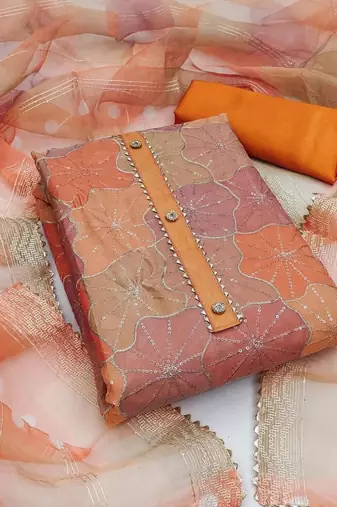 orange organza position print with sequence work unstitched dress material