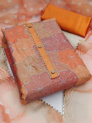 orange organza position print with sequence work unstitched dress material 2