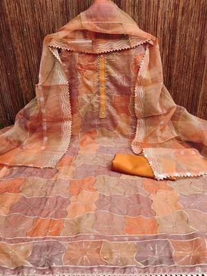 orange organza position print with sequence work unstitched dress material 3