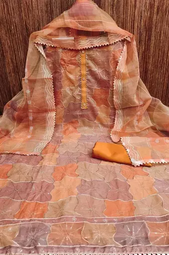 orange organza position print with sequence work unstitched dress material