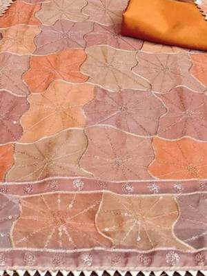 orange organza position print with sequence work unstitched dress material 4