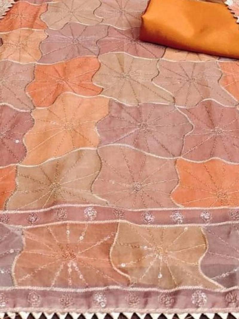 orange organza position print with sequence work unstitched dress material