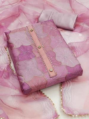 pink organza position print with sequence work unstitched dress material 1