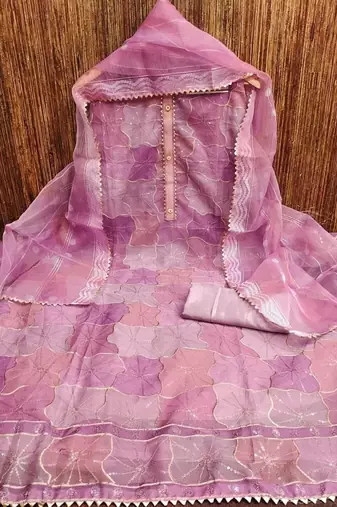 pink organza position print with sequence work unstitched dress material