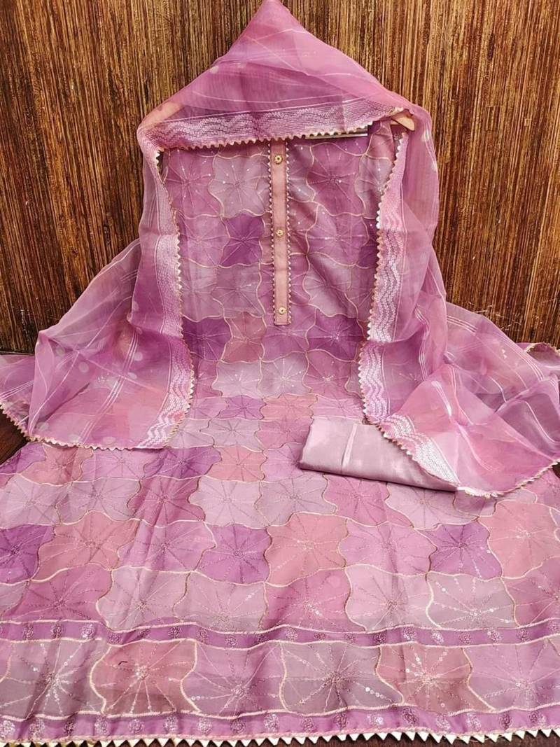 pink organza position print with sequence work unstitched dress material