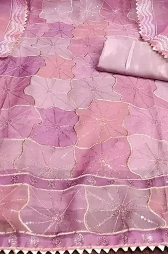 pink organza position print with sequence work unstitched dress material