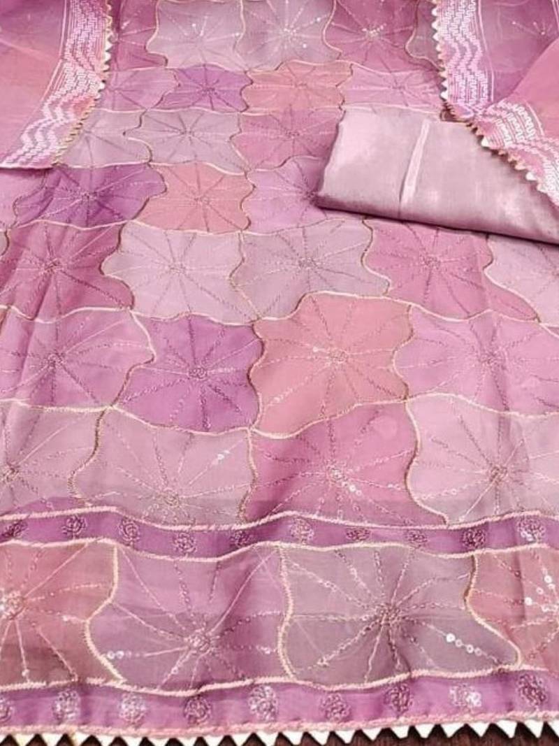 pink organza position print with sequence work unstitched dress material