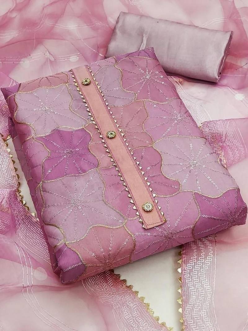 pink organza position print with sequence work unstitched dress material