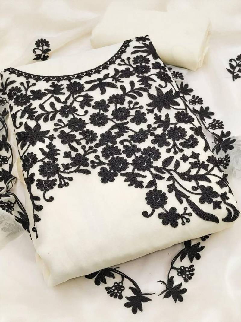 cream georgette multi work unstitched dress material