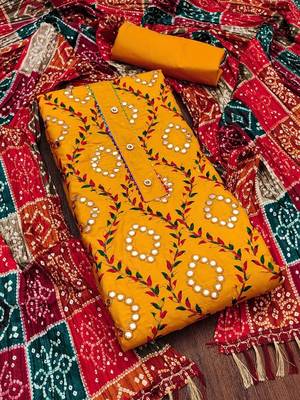 ethnic motifs embroidered mirror work bandhani unstitched dress material 1
