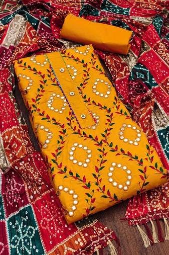 ethnic motifs embroidered mirror work bandhani unstitched dress material
