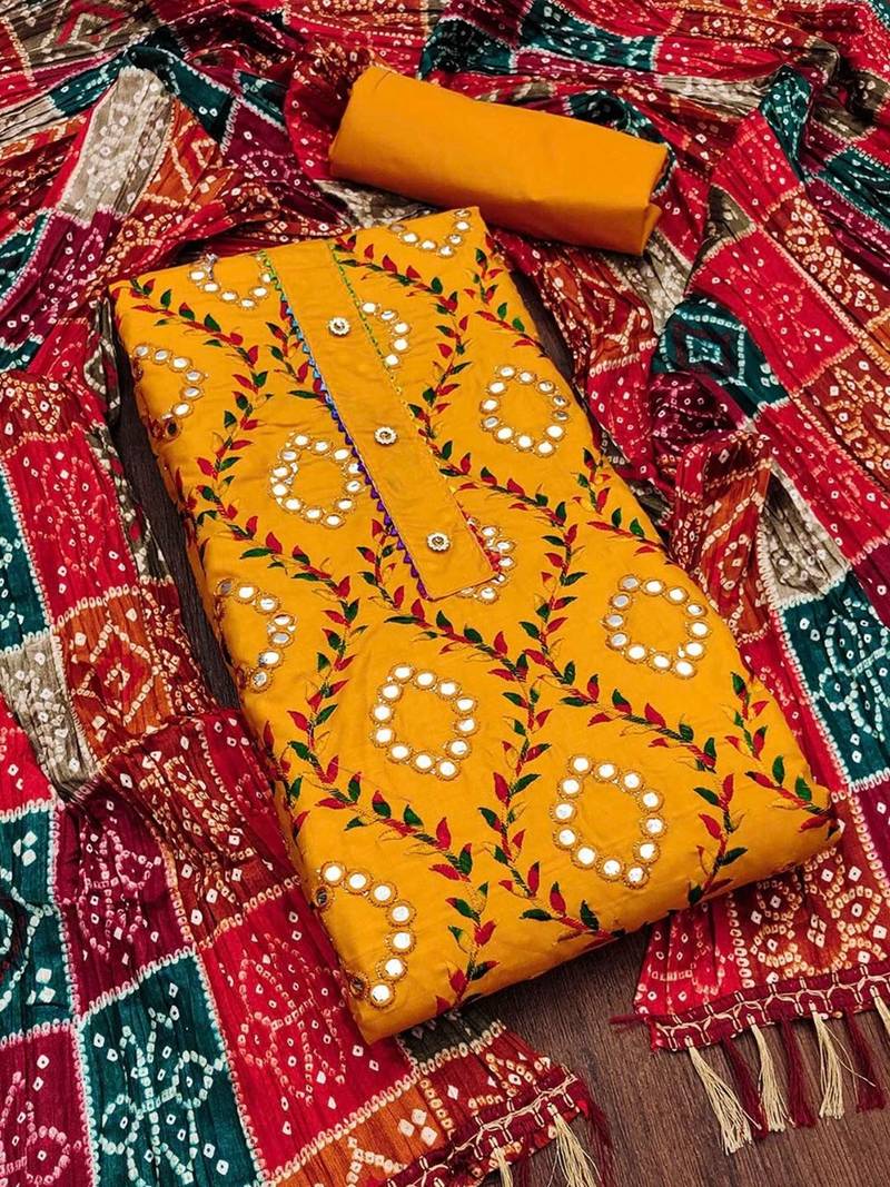 ethnic motifs embroidered mirror work bandhani unstitched dress material