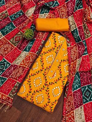 ethnic motifs embroidered mirror work bandhani unstitched dress material 2