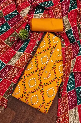 ethnic motifs embroidered mirror work bandhani unstitched dress material