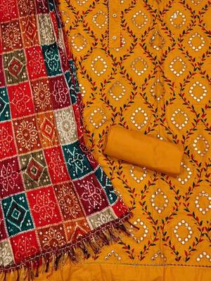 ethnic motifs embroidered mirror work bandhani unstitched dress material 3