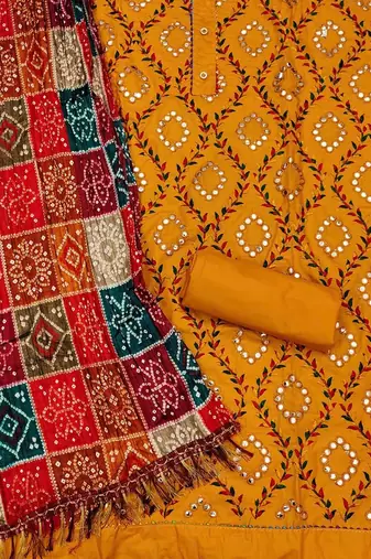 ethnic motifs embroidered mirror work bandhani unstitched dress material
