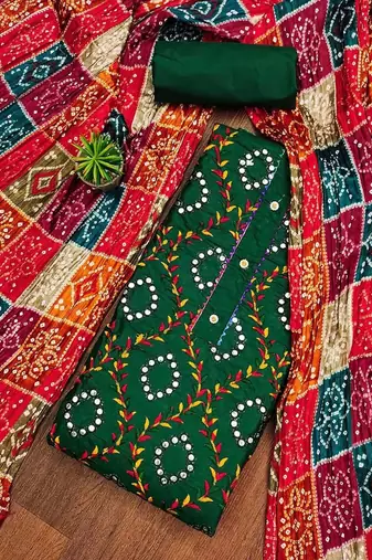 ethnic motifs embroidered mirror work bandhani unstitched dress material