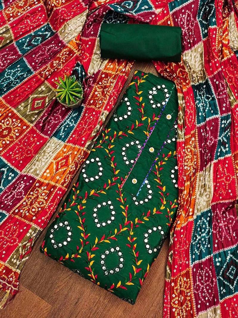 ethnic motifs embroidered mirror work bandhani unstitched dress material