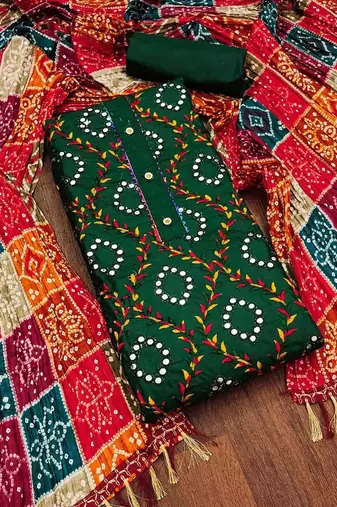 ethnic motifs embroidered mirror work bandhani unstitched dress material