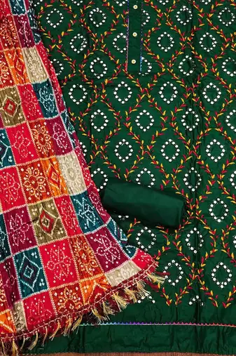 ethnic motifs embroidered mirror work bandhani unstitched dress material