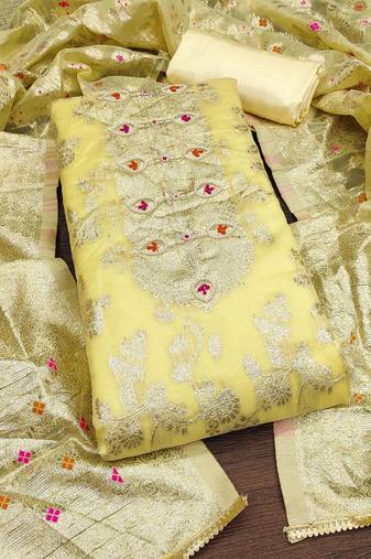 ethnic motifs woven design beads and stones unstitched dress material