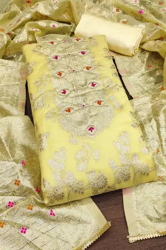 ethnic motifs woven design beads and stones unstitched dress material