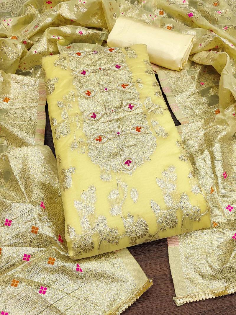 ethnic motifs woven design beads and stones unstitched dress material