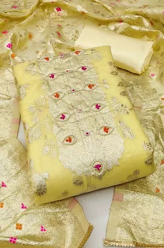 ethnic motifs woven design beads and stones unstitched dress material
