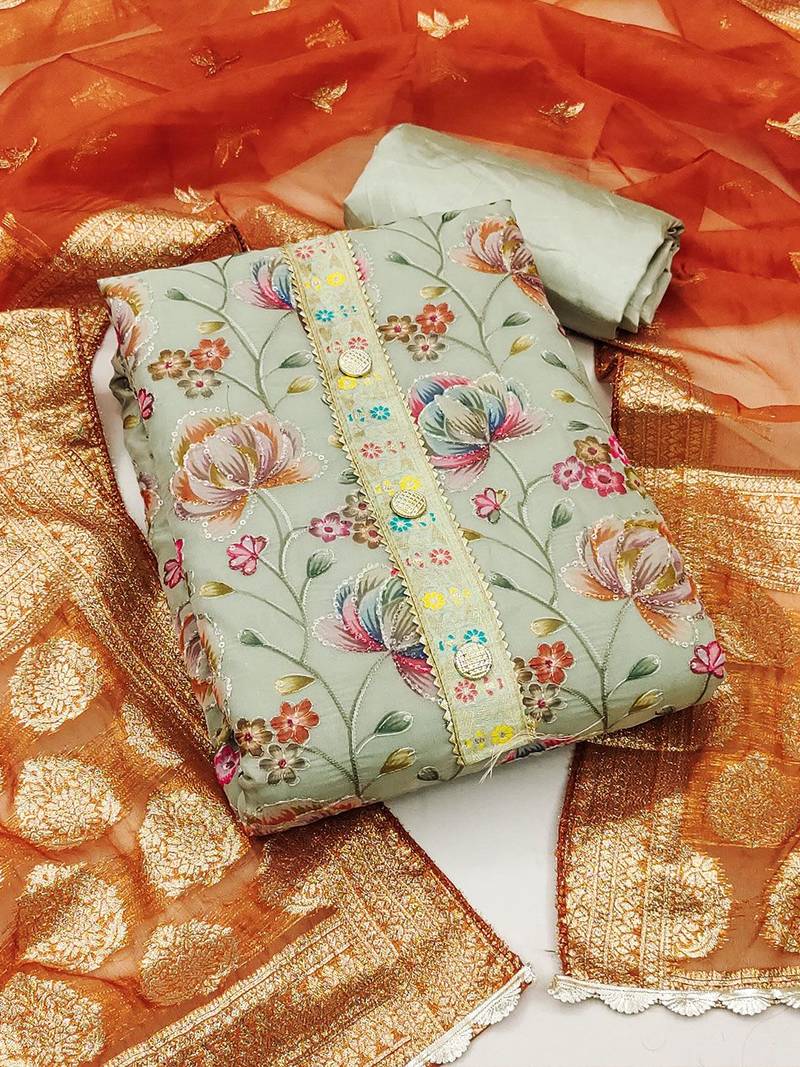 floral embroidered sequinned unstitched dress material